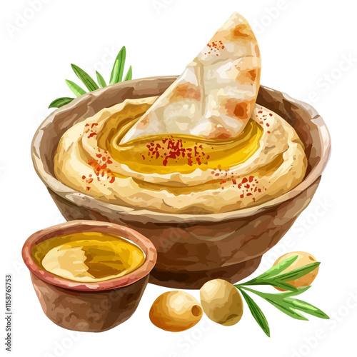 A watercolor clipart of Lebanese hummus with olive oil and pita, isolated on a white background. Hummus vector.
