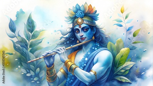 Lord Krishna playing his flute, surrounded by nature. The watercolor effect highlights the delicate details of his blue skin, his peacock feather crown, and the lush greenery around him. photo