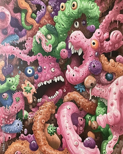 Colorful, grotesque, surreal creatures in a dense, chaotic composition. photo