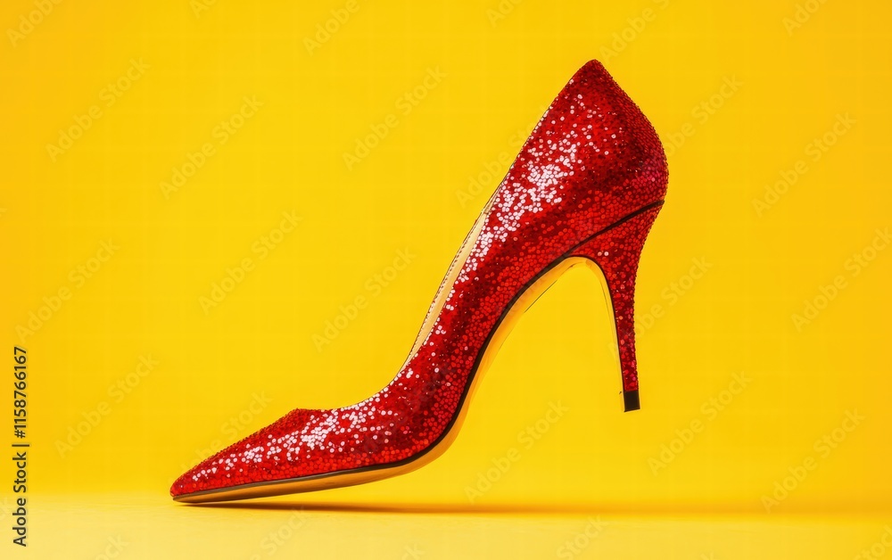 Obraz premium Sparkling red high heel gently floating mid-air against a bold yellow background