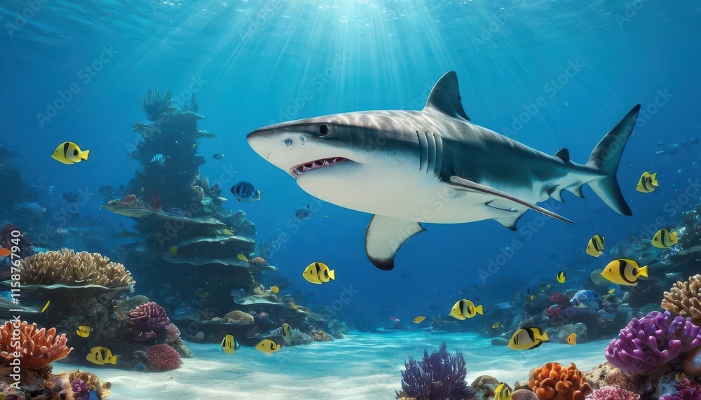 Naklejka premium An elegant shark gliding through a thriving underwater reef, its sleek silhouette illuminated by sun rays amidst a vibrant marine ecosystem