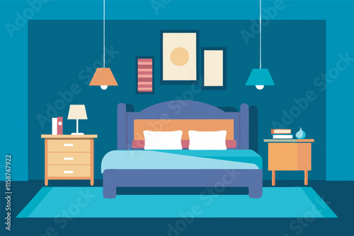 A serene bedroom with a blue color scheme, featuring a double bed, nightstands with lamps and books, and cozy decor creating a peaceful ambiance.