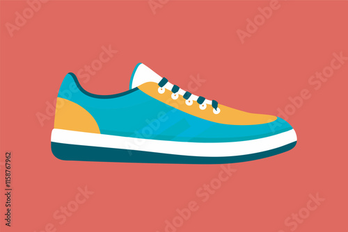 Vibrant single shoe: green upper, yellow details, white sole with orange trim, yellow laces. Set against red background, white eyelets add style.