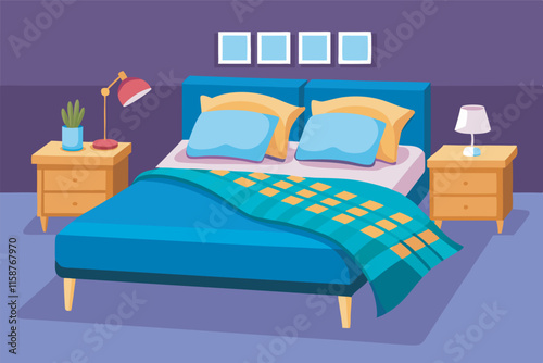 Cozy bedroom with double bed, nightstands, lamps, plant, framed pictures. Dark purple and blue theme creates tranquil ambiance. Wood floors, blue frame.