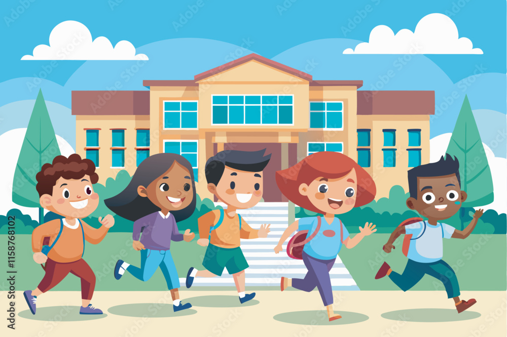 Diverse children running with excitement towards a large school with backpacks. Trees and green lawn create a peaceful, cheerful atmosphere under a clear sky. Diverse children running with excitement towards a large school with backpacks. Trees and green lawn create a peaceful, cheerful atmosphere under a clear sky.