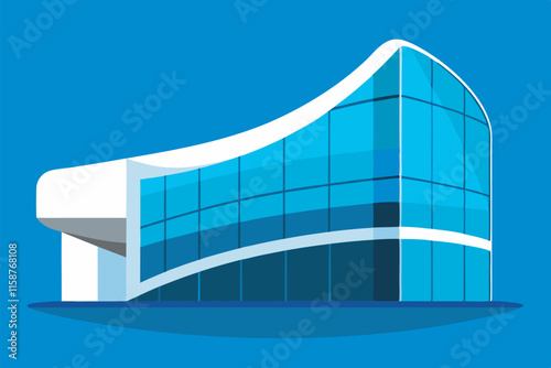 A modern building with a curved design, dazzling blue glass panels, and a black frame against the sky, showcasing innovation and elegance.