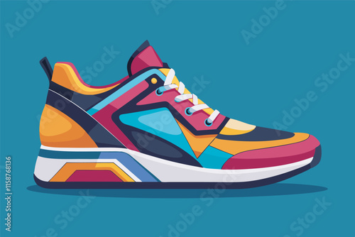 Colorful sports sneaker on blue background with thick sole, vibrant color blocks (yellow, orange, purple, pink, red), white laces, yellow midsole. Youthful and striking appeal.
