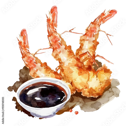 A watercolor painting of Japanese tempura shrimp with dipping sauce, isolated on a white background. Tempura vector.
