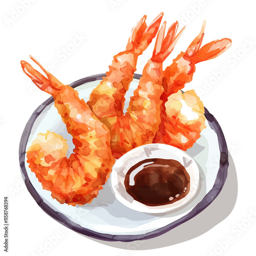 A watercolor painting of Japanese tempura shrimp with dipping sauce, isolated on a white background. Tempura vector.
