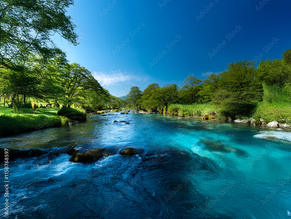 Fototapeta premium Serene river flows through lush green landscape under a vibrant blue sky. Crystal-clear turquoise water glistens, reflecting the sunlight. Rocks and trees line the banks, creating a picturesque scen