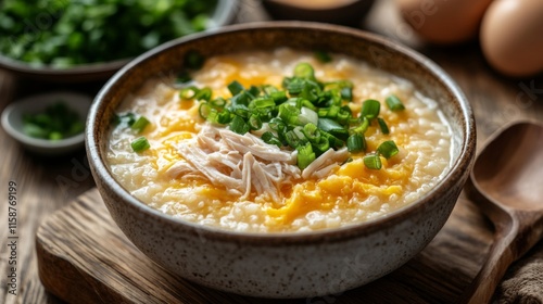 Delicious Chicken and Rice Porridge with Egg and Green Onions