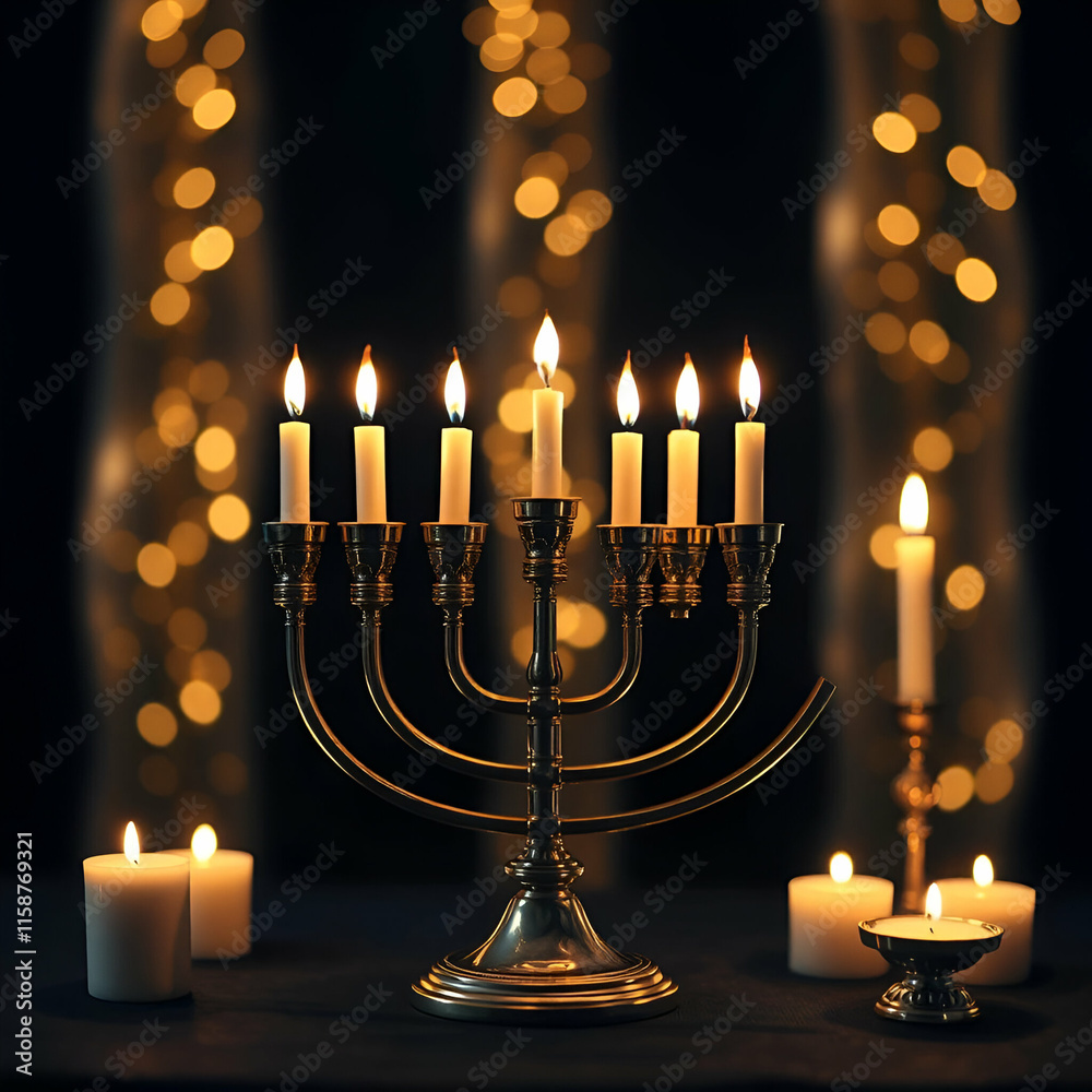 Happy Hanukkah burning candle holder standing on a sparkling background. Happy Hanukkah burning candle holder standing on a sparkling background.