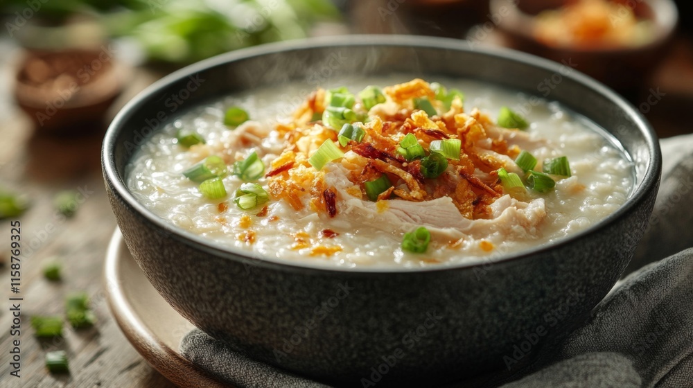 Steaming Bowl Of Chicken Rice Porridge With Garnish Steaming Bowl Of Chicken Rice Porridge With Garnish