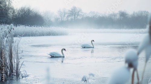 A beautiful snowy landscape featuring a pair of swans gliding gracefully across a frozen lake, surrounded by snow-covered reeds. photo