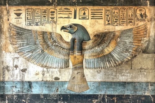 Majestic horus spreading wings in ancient egyptian temple photo