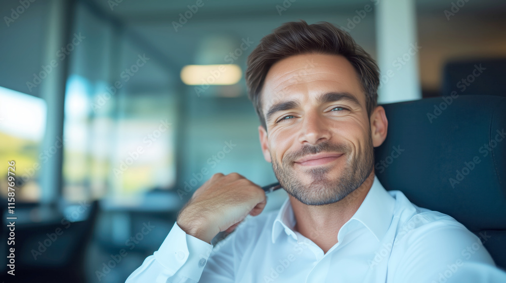 Obraz premium Confident businessman smiling in a modern office setting