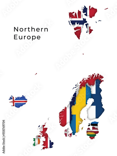 Northern Europe Map Highlighting Flags of Each Country