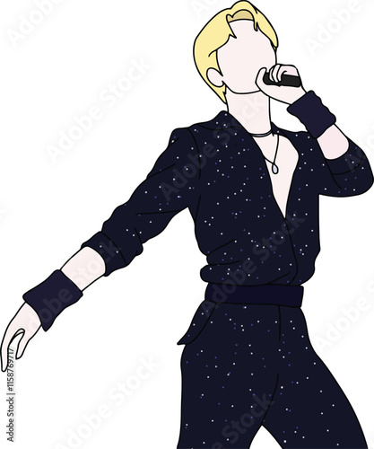 illustration of a kpop idol performing on stage holding a mic. cool Korean street idol. wear stylish and cool outfits