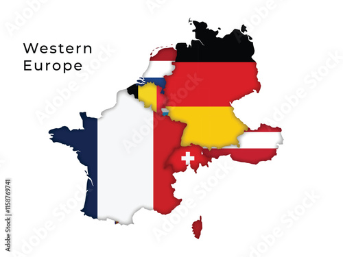 Western Europe Map Highlighting Flags of Each Country