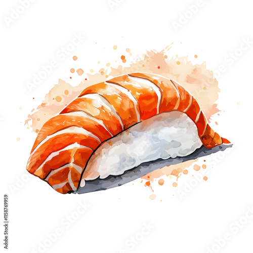 A watercolor clipart of Japanese sushi nigiri with salmon, isolated on a white background. Nigiri sushi vector.
