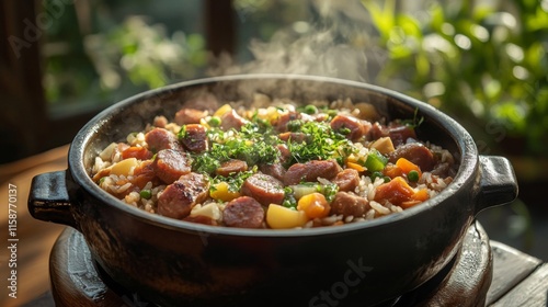 Savory Sausage Rice Dish With Steaming Vegetables