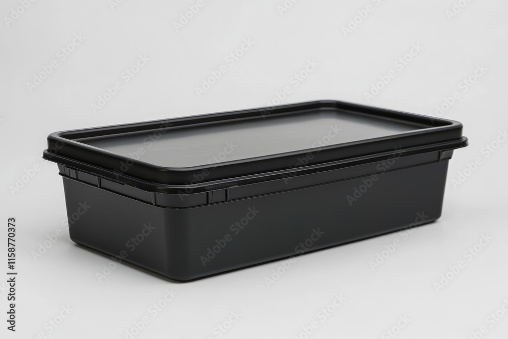 Black rectangular plastic food container with lid on white background Black rectangular plastic food container with lid on white background