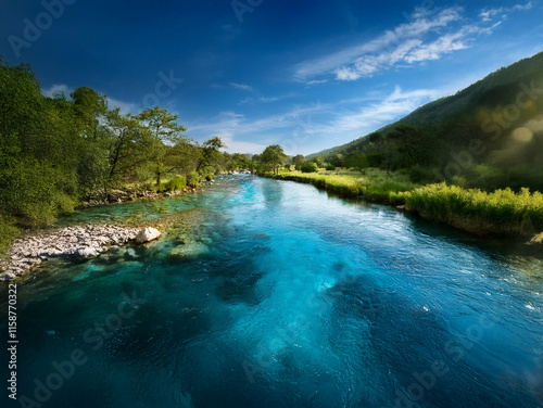 Serene river scene, crystal-clear turquoise water flows through lush green valley, under a vibrant blue sky.  Sunlight illuminates the tranquil landscape. photo