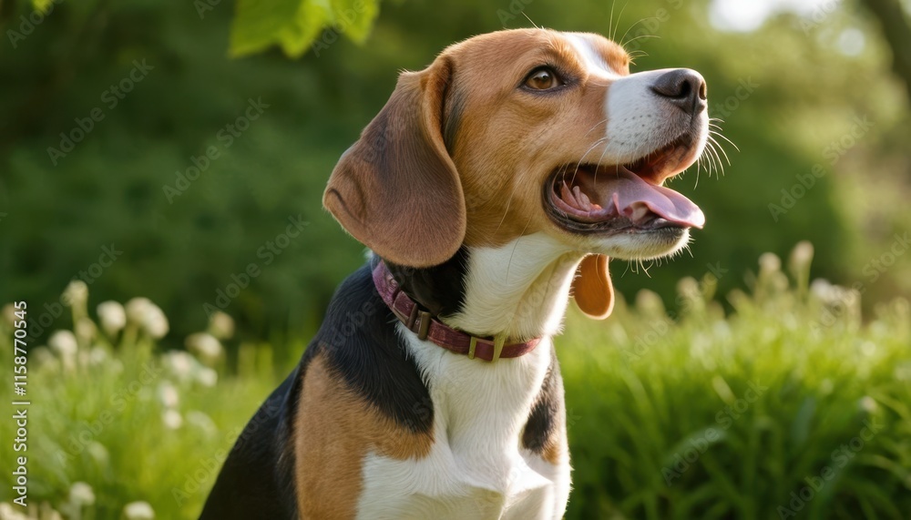 A happy beagle with its tongue out, basking in the natural sunlight amidst vibrant greenery, showcasing its energetic and lovable personality A happy beagle with its tongue out, basking in the natural sunlight amidst vibrant greenery, showcasing its energetic and lovable personality