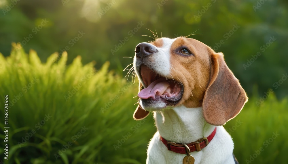 Close-up of a beagle in a sunny garden, surrounded by fresh green foliage, exuding joy and curiosity with its attentive eyes and friendly expression Close-up of a beagle in a sunny garden, surrounded by fresh green foliage, exuding joy and curiosity with its attentive eyes and friendly expression