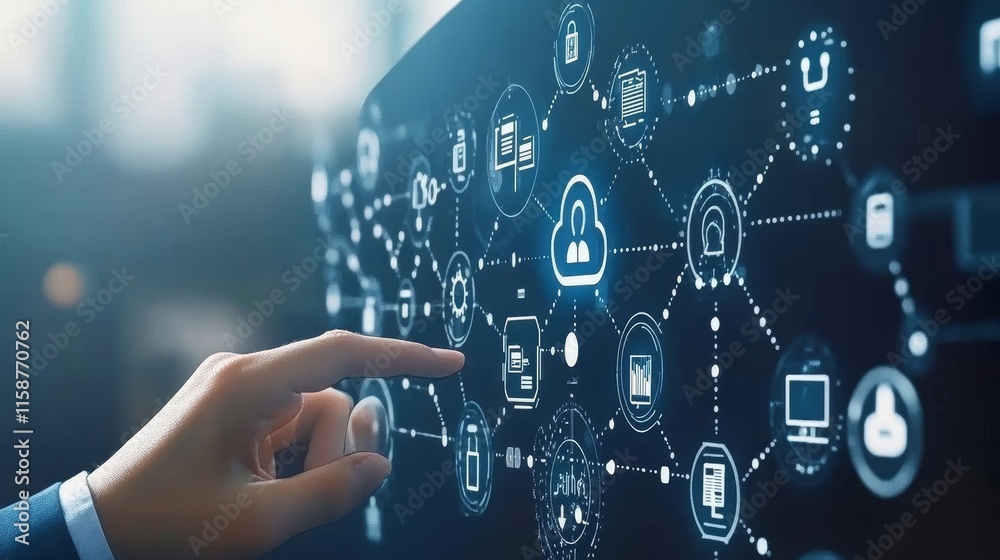 A Hand Touching a Digital Screen with Security Icons and Data Connection Technology Concepts, Representing Cybersecurity, Digital Protection, Information Security, and Advanced Technology Solutions A Hand Touching a Digital Screen with Security Icons and Data Connection Technology Concepts, Representing Cybersecurity, Digital Protection, Information Security, and Advanced Technology Solutions