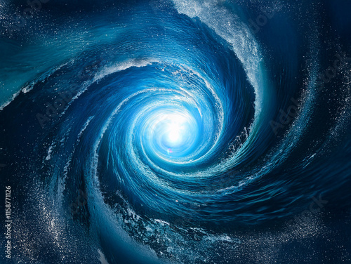 A mesmerizing whirlpool of deep blue ocean water, swirling into a bright center.  The image evokes a sense of mystery and power. photo