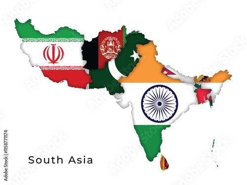South Asia Map Highlighting Flags of Each Country