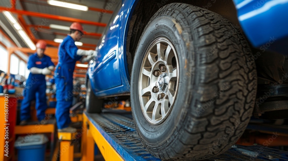 A Mechanic in Blue Overalls and White Gloves Inspecting the Wheel of an Elegant Car in a Workshop, Highlighting Automotive Maintenance, Professionalism, Expertise, and Teamwork A Mechanic in Blue Overalls and White Gloves Inspecting the Wheel of an Elegant Car in a Workshop, Highlighting Automotive Maintenance, Professionalism, Expertise, and Teamwork