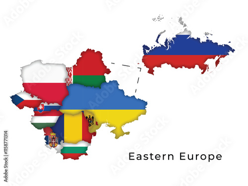 Eastern Europe Map Highlighting Flags of Each Country