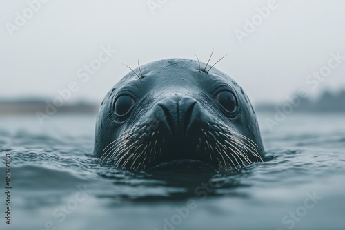 Curious seal emerging from water with intense gaze photo