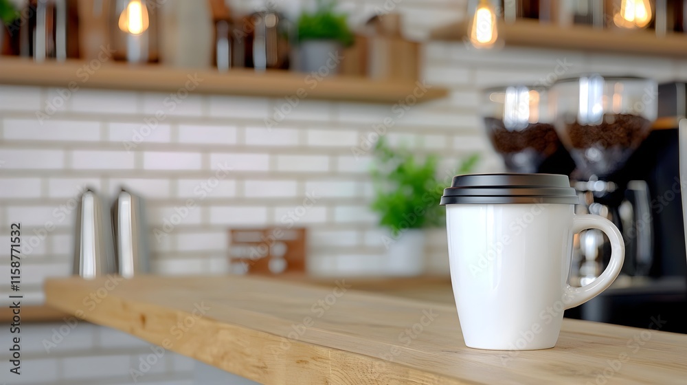 Cozy Coffee Shop Scene with Mug on Wooden Countertop Cozy Coffee Shop Scene with Mug on Wooden Countertop