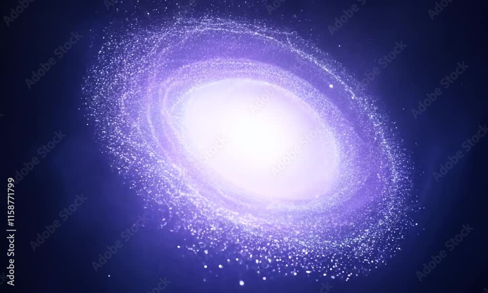 Purple galaxy rotating with bright core and particles