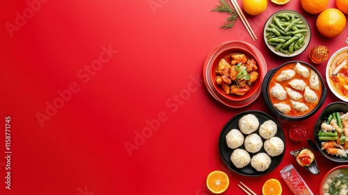 A red background with a variety of Asian food on it