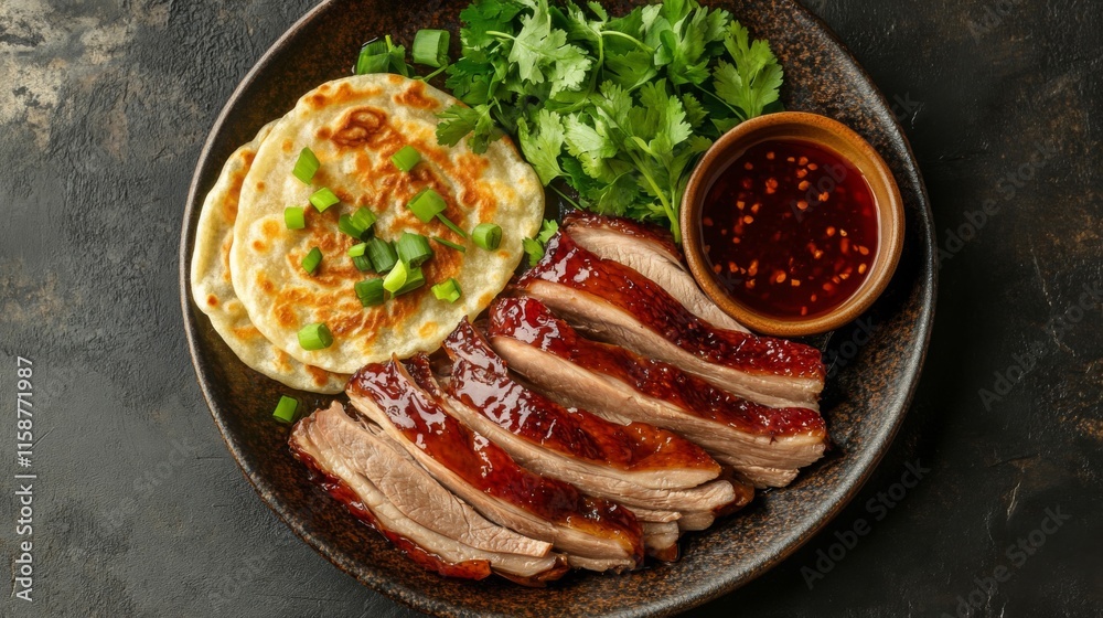 Sliced Peking Duck Served with Pancakes and Sauce Sliced Peking Duck Served with Pancakes and Sauce