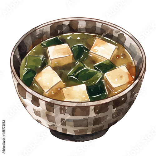 A watercolor illustration of Japanese miso soup with tofu and seaweed, isolated on a white background. Miso soup vector.
