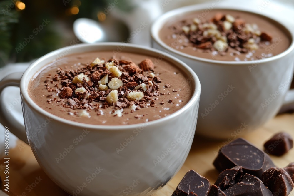 Delicious hot chocolate with nuts and chocolate chips sprinkles enjoyed during christmas time Delicious hot chocolate with nuts and chocolate chips sprinkles enjoyed during christmas time