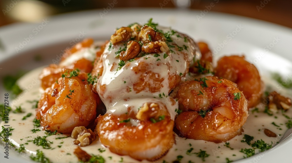 Sauteed Shrimp in Creamy Walnut Sauce Garnish Sauteed Shrimp in Creamy Walnut Sauce Garnish