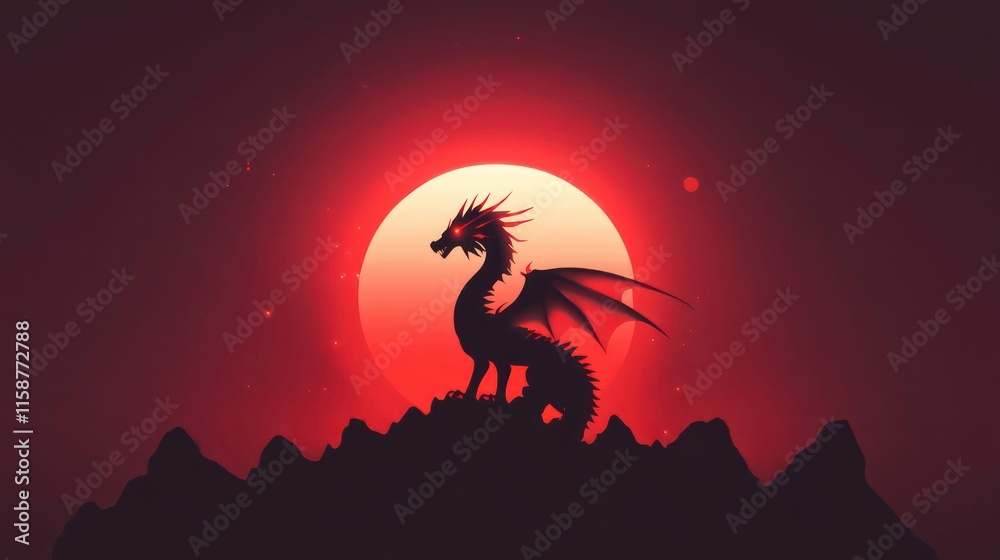 Fototapeta premium Red dragon silhouette against a blood moon, perched atop a mountain range at night.
