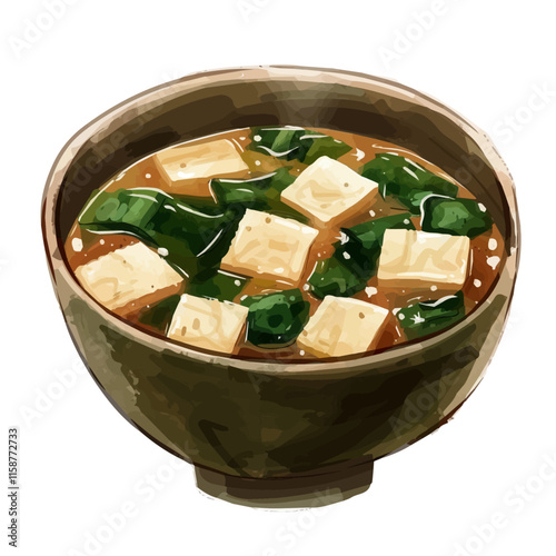 A watercolor illustration of Japanese miso soup with tofu and seaweed, isolated on a white background. Miso soup vector.
