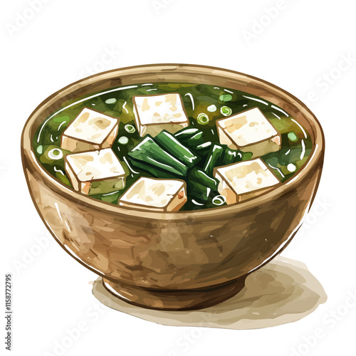 A watercolor clipart of Japanese miso soup with tofu and seaweed, isolated on a white background. Miso soup vector.
