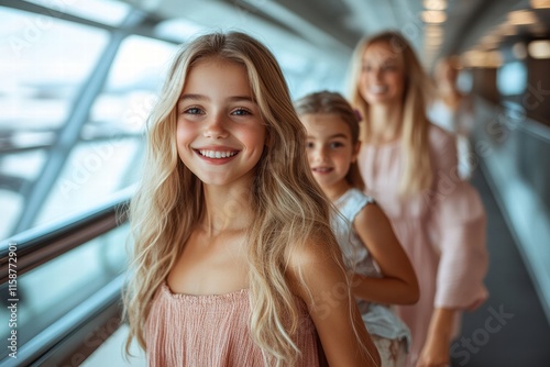 Smiling young girl walking through airport terminal with family