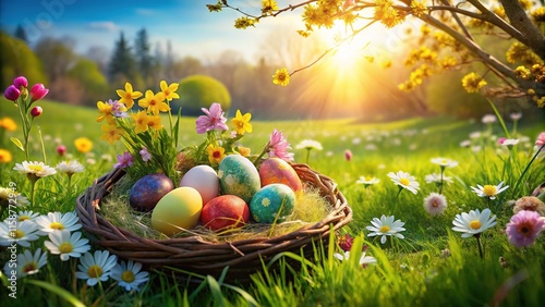 A festive Easter nest, decorated eggs, and a pretty landscape.