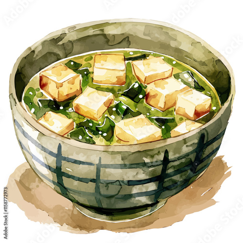 A watercolor clipart of Japanese miso soup with tofu and seaweed, isolated on a white background. Miso soup vector.
