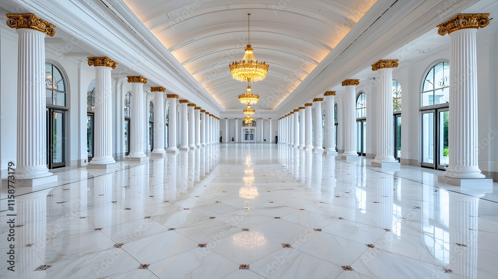 Obraz premium Elegant Hallway with Marble Flooring and Decorative Chandeliers