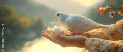 a close-up of hands releasing a white pigeon into a scenic, blurred background of mountains and sky. freedom and peace, white pigeon release